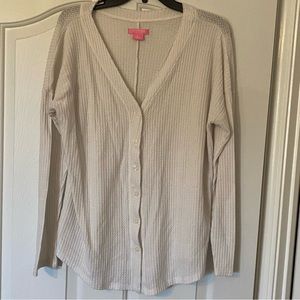 Isaac Mizrahi Sweater Women's Large Beige V-Neck Button Up Knit Cardigan